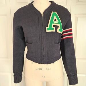 Vintage 1940’s Varsity A Knit Sweater Navy with Green, Red & Cream Size S